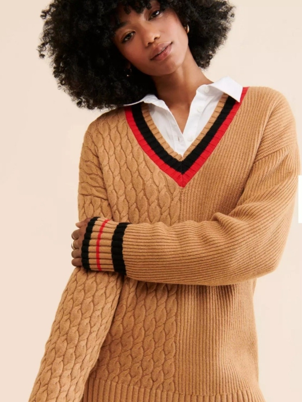Anthropologie Nouveaux Varsity Knit Pullover Sweater Tan Camel Sz 1X EUC